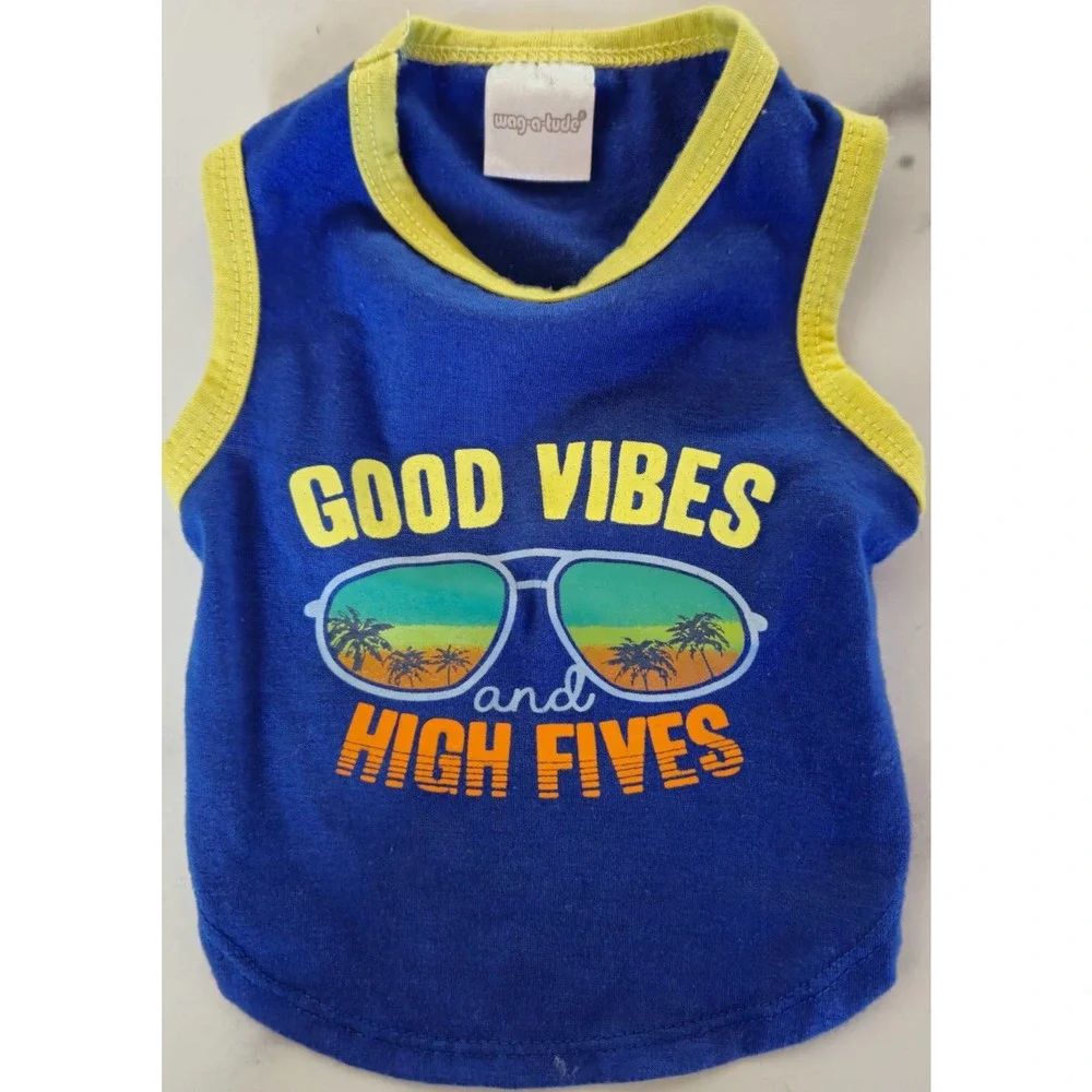Puppy Dog Summer T Shirt XS Blue Yellow Good Vibes And‎ High Fives Beach Sun Tee